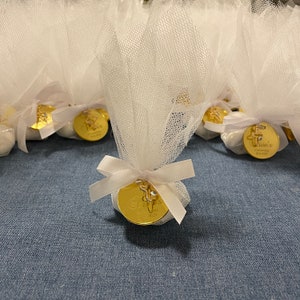 Five Sugared Almonds White Bomboniere Gold Metal Evil Eye Cross with Personalised Acrylic Tag White Tuelle