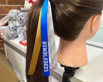 Team 15mm Personalised Hair Ribbons in College Font x 3 Ribbon Colours with Sports Ball