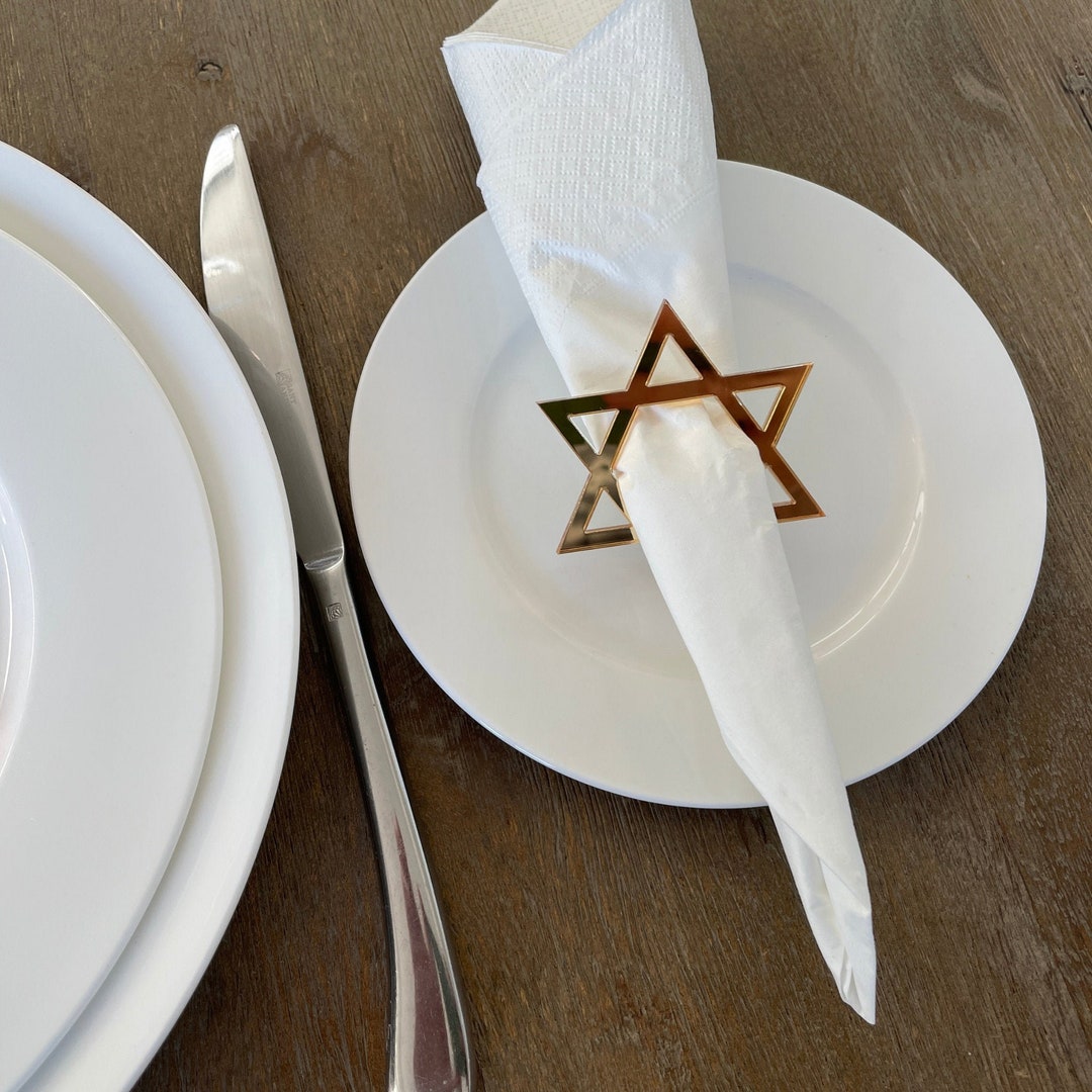 Chag Same’ACH Pack Of 12 Serviette Rings - Jewish Passover Hannukah Napkin Holders, Mirror Gold - View #14