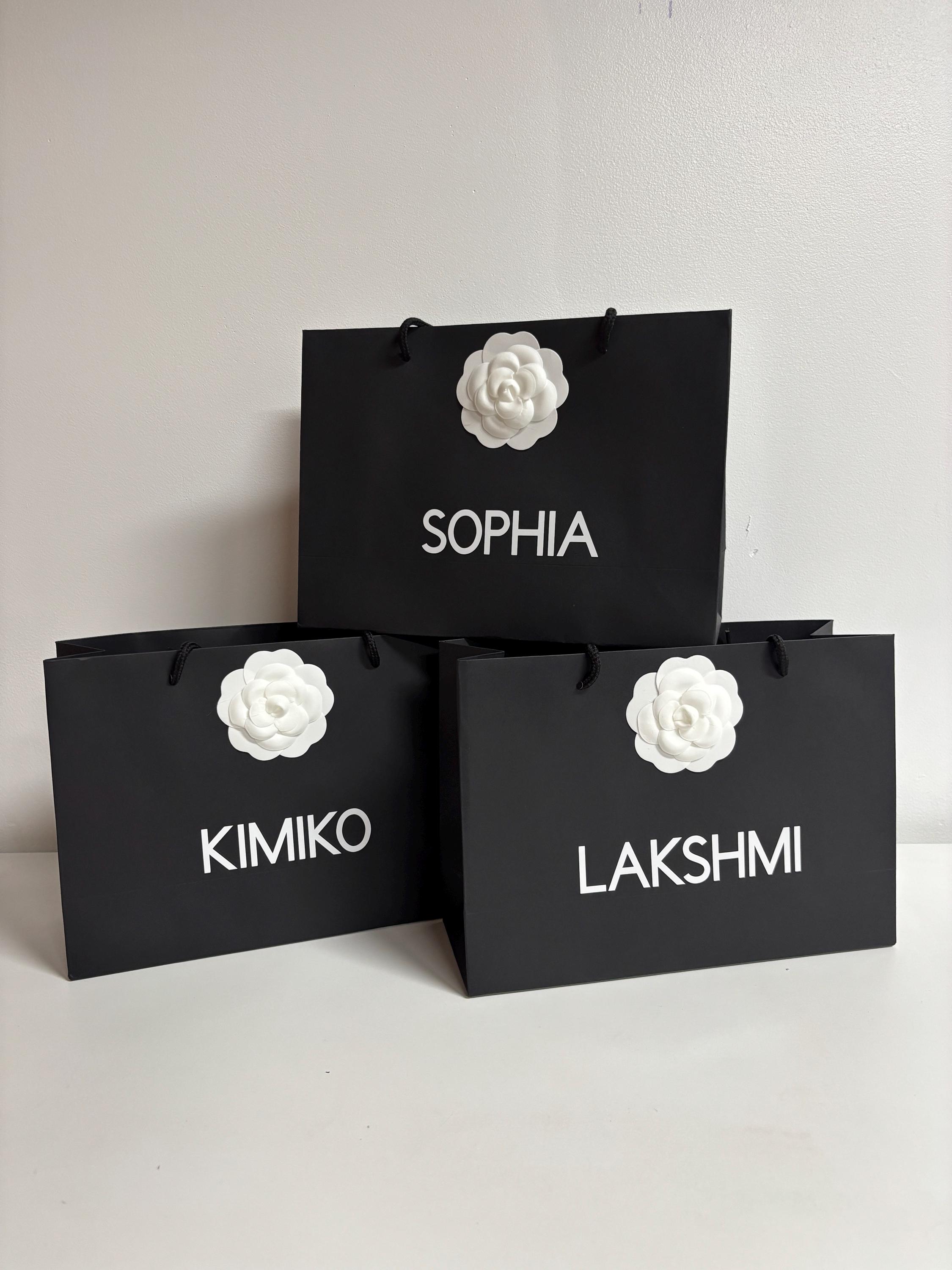 Personalized Black Gift Bag with White Camellia Flower