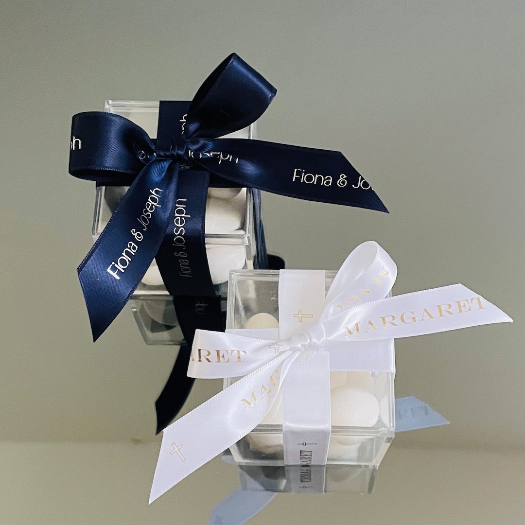 Clear Ribbon Design Custom Printed Ribbon Clear Box With Sugar Coated Almonds Bomboniere ...