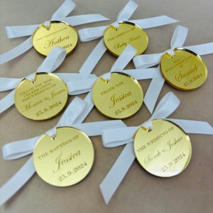10 x Personalised Acrylic Tags in For Bomboniere Favors for Weddings Baptism Christening First Holy Communion and more