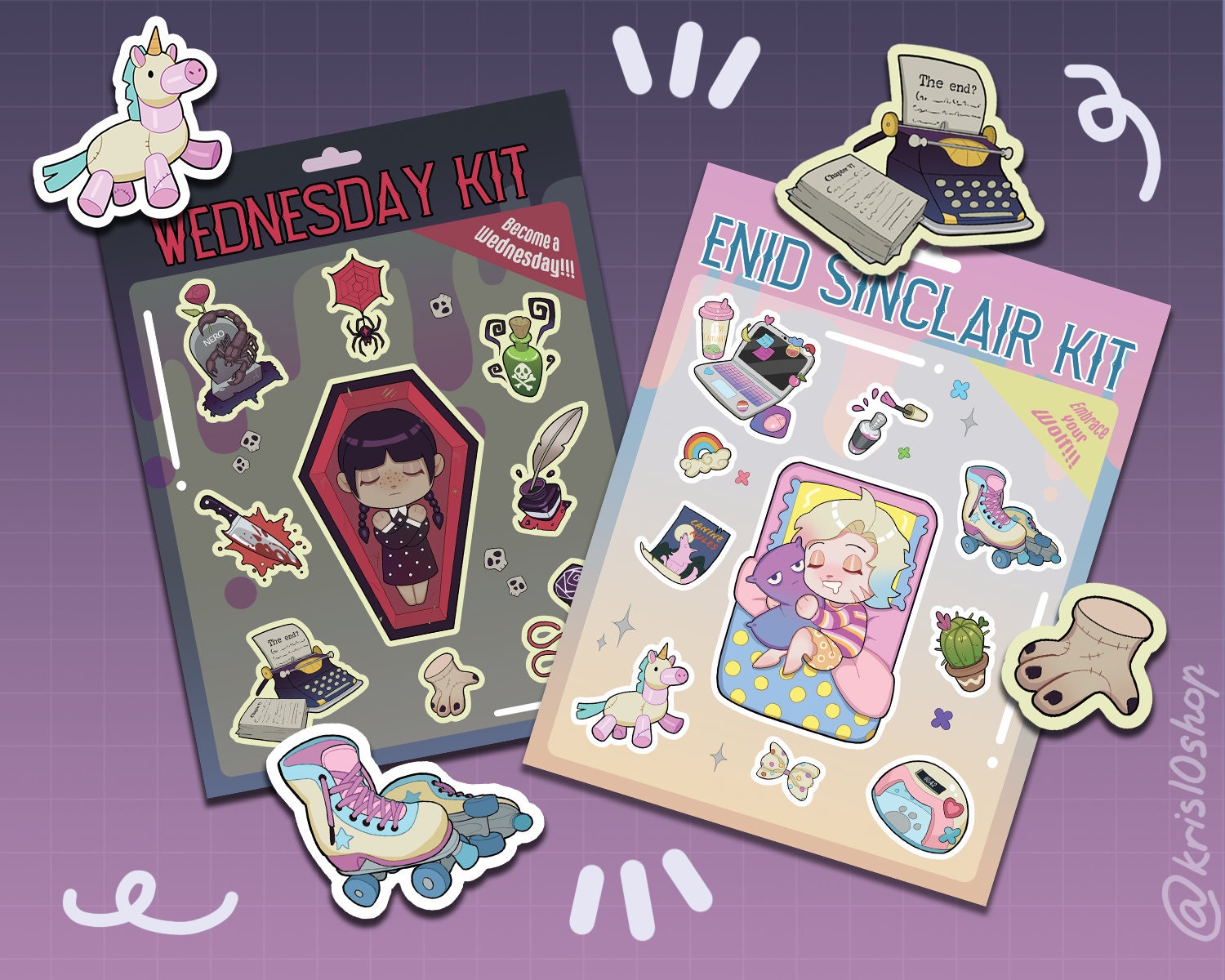 6"x7.5" Wenclair Starter Kit Holographic Sticker Sheets, Wednesday Addams and Enid Sinclair