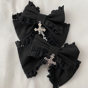 Lace Bow Hair Clips with Cross Charm (2 pieces)  - Lolita Gothic Hair Accessory