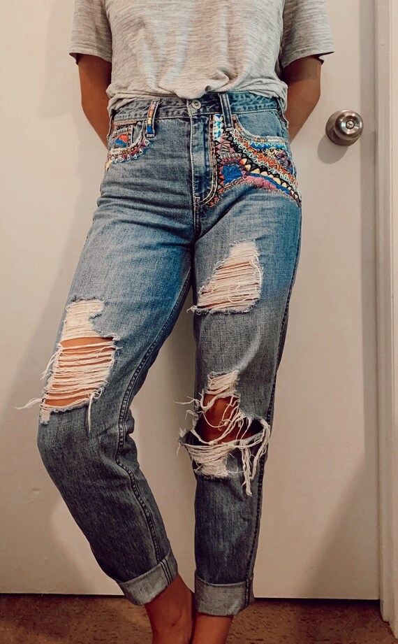 embroidered jeans etsy