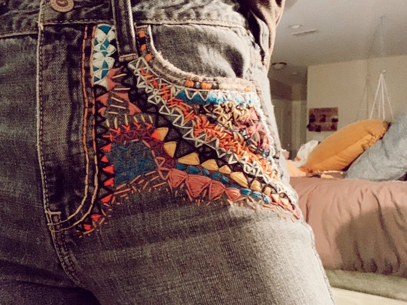 Hand Embroidered Jeans Etsy