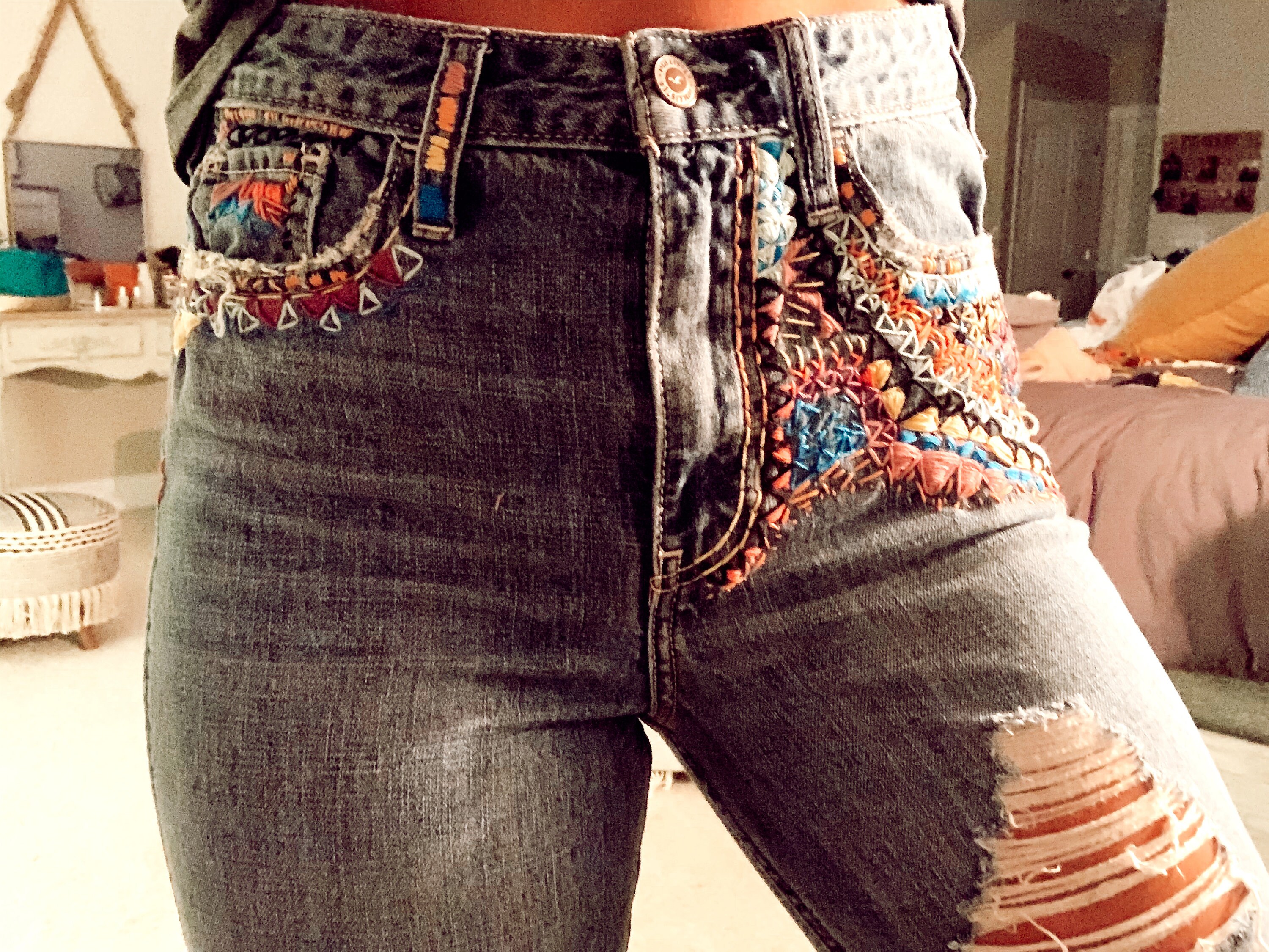 Hand Embroidered Jeans Etsy