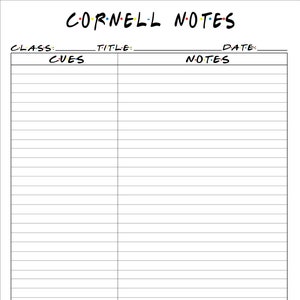 Może przedstawiać: Czarno-biały szablon notatek Cornell z nadrukowanymi na górze strony słowami "CLASS", "TITLE", "DATE", "CUES", "NOTES" i "SUMMARY".