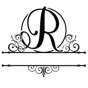 May include: Black and white monogram initial "R" with decorative flourishes. The letter is in a circle and the flourishes are on either side of the circle. The monogram is separated by two horizontal lines.