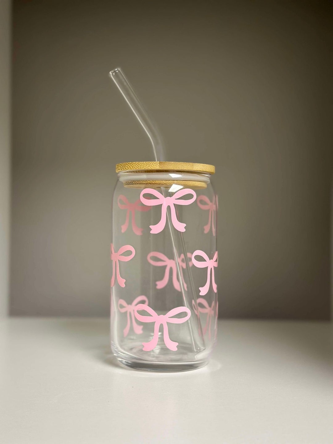 Pink Bow Glass Can With Bamboo Lid and Glass Straw 16oz Summer, Gift ...