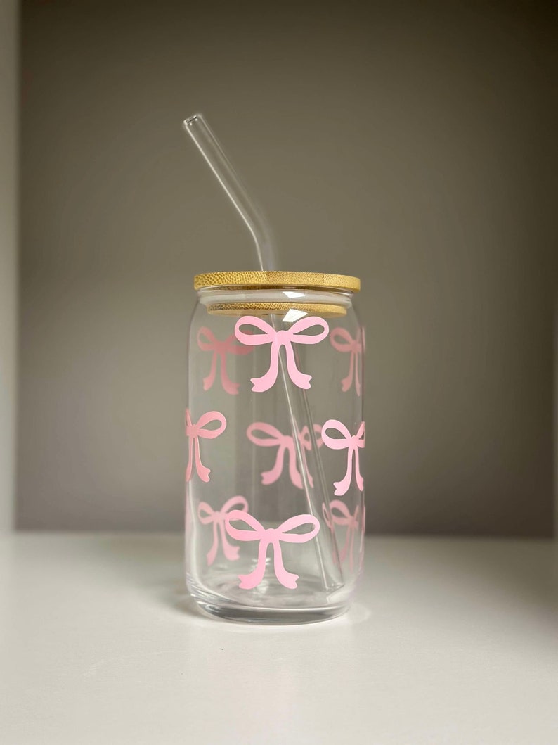 Pink Bow Glass Can With Bamboo Lid and Glass Straw 16oz Summer, Gift ...
