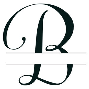 May include: A black and white split monogram initial with the letter "B" in a cursive font.