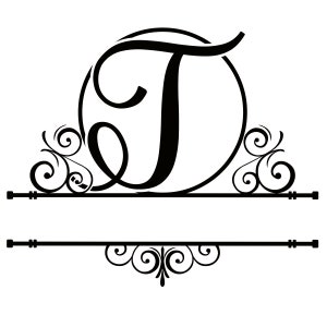 Könnte beinhalten: Ein schwarz-weißes Monogramm mit dem Buchstaben "T" in einem Kreis mit dekorativen Verzierungen auf beiden Seiten. Das Monogramm wird durch eine Doppellinie mit dekorativen Verzierungen am unteren Rand getrennt.