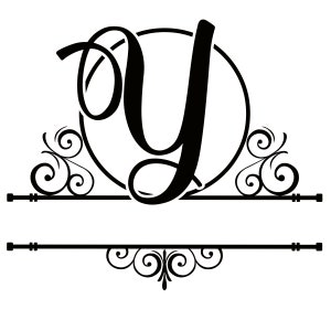 May include: Black and white monogram initial "Y" with a decorative flourish design. The letter is inside a circle with a split line below.