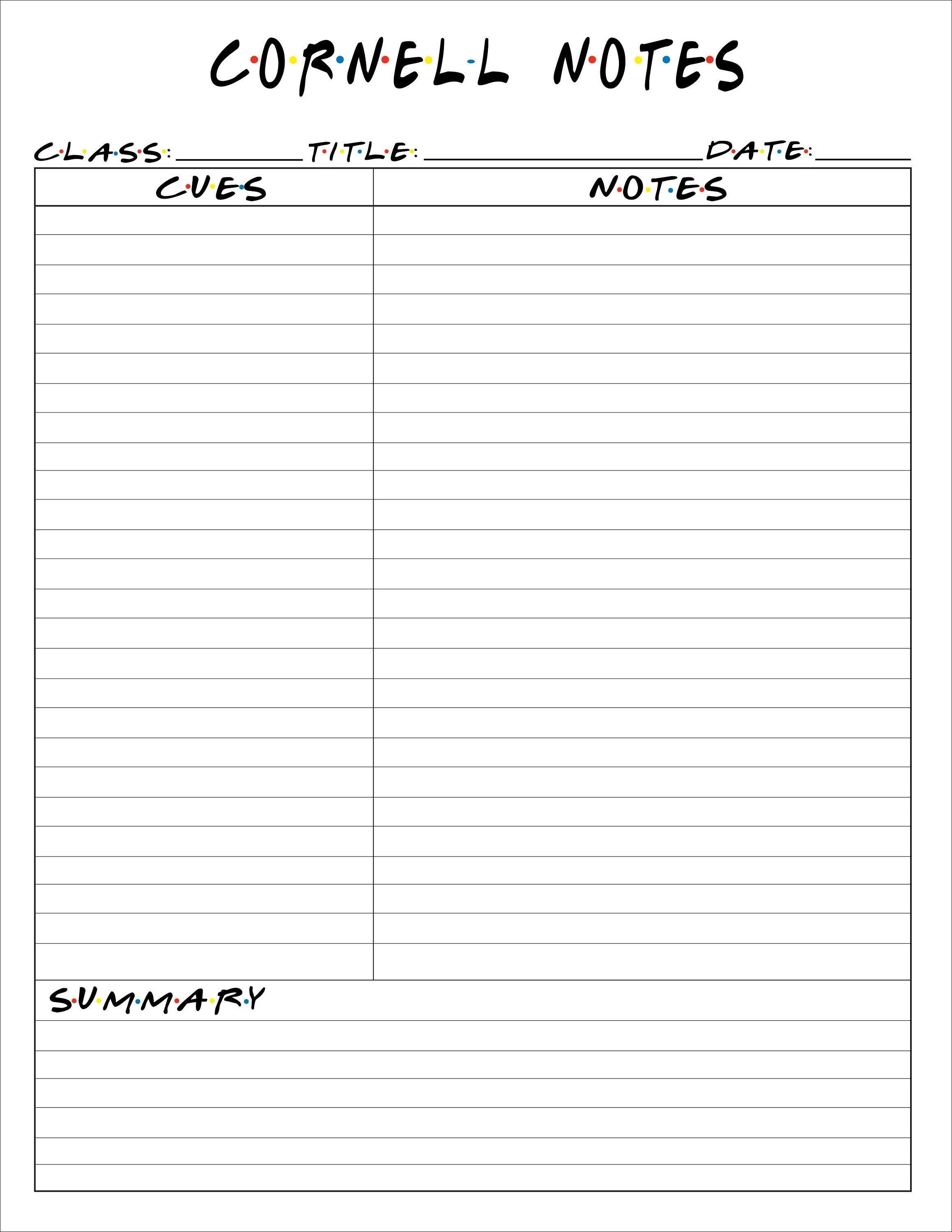 Printable Cornell Note Friends Theme Template (PDF File)