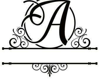 May include: A black and white monogram design featuring the letter "A" in a circle with decorative flourishes. The design is split in half with a horizontal line.