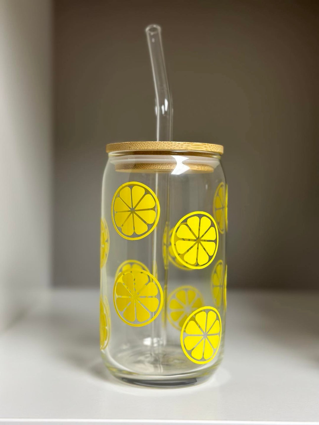 Lemons Glass Can With Bamboo Lid and Glass Straw 16oz Summer, Gift