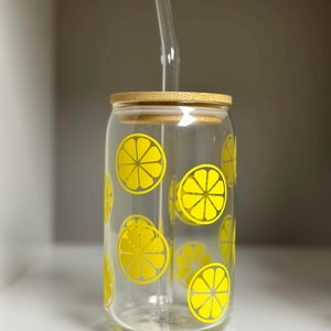 Lemons Glass Can with Bamboo Lid and Glass Straw 16oz Summer, Gift Ideas, Keepsakes