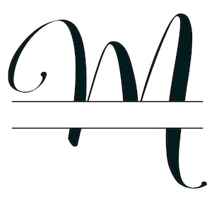 May include: A split monogram initial with the letter "M" in a cursive font. The letter is split in half by a horizontal line.