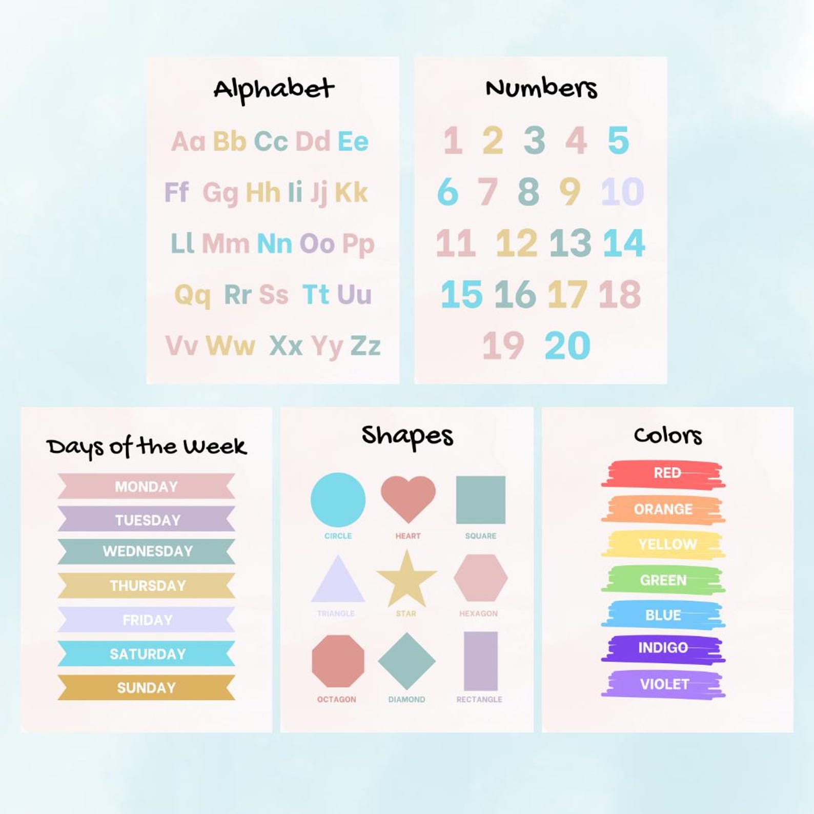 Muted Preschool Learning Poster Bundle | Printable PDF | Alphabet, Abcs ...