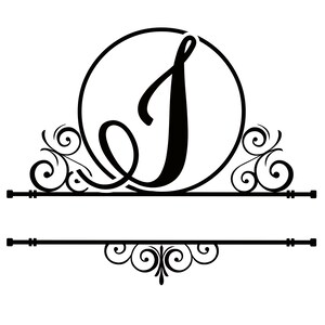 May include: Black and white monogram design featuring the letter I in a circle with decorative flourishes. The design is split in half with a horizontal line.