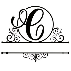 Op de afbeelding: Zwart-wit monogram ontwerp met de letter C in een cirkel met decoratieve versieringen aan beide zijden. De letter C is in een schrijfletter.
