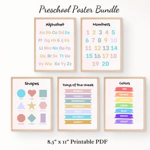 Paquete de carteles de aprendizaje preescolar en silencio / PDF imprimible / Alfabeto, abecedario, números, formas, colores y días de la semana / Archivo digital