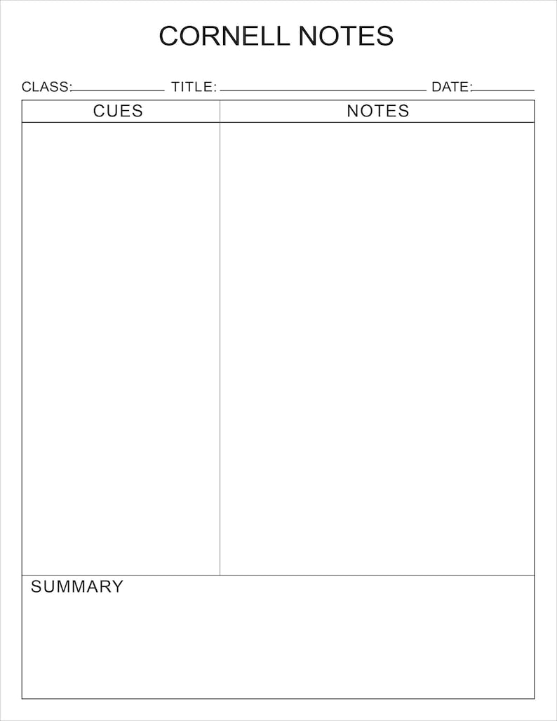 Printable Cornell Notes Plain Template (PDF File) - Etsy