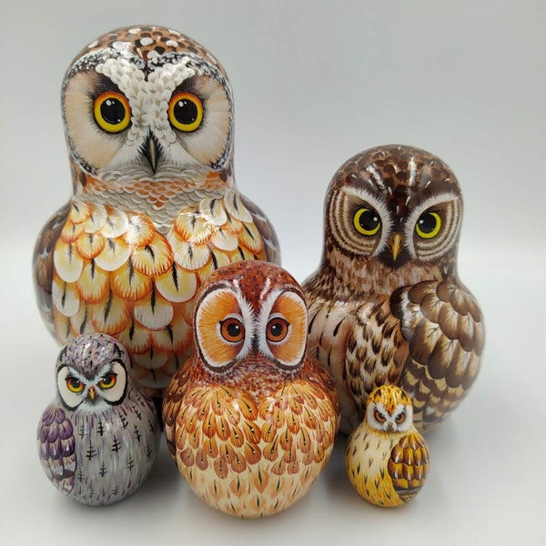 Nieuwe Uil Matryoshka Nesting Dolls 14,5 cm,/5,7 inch. Kerst ornamenten 5 stuks, Kids Gift, Animal Nesting Toys, Room Decor, Cadeau voor mama, Owl Decor