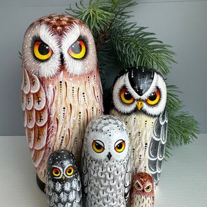 Owl Matryoshka Matryoshka 17.5cm, Matryoshka 5pcs, Gift for Children Matryoshka Animal Room Decor Gift for Mom Decor Owl Family 5 owls