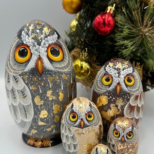 New Owls Nesting Eggs Matryoshka Eggs 5 pcs 14 cm/5.5 in. Christmas ornaments Gift for Mom Christmas present for kids Room Decor Home Decor