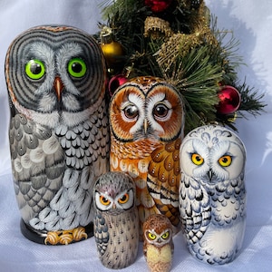 Matryoshka Owl 17.5 cm, Christmas tree toys 5 pcs, Gift for children, Matryoshka dolls with animals Decor, room, Gift for mom, Owl
