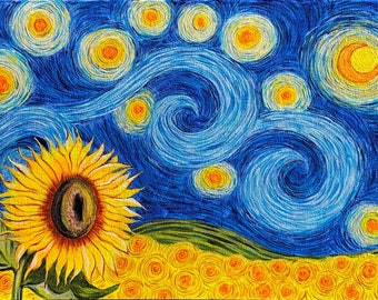 【画家手描き真跡】テクスチャアート・ひまわり星月夜・ゴッホ風・世界唯一 ゴッホのひまわりの絵画：星月夜にインスパイアされたアート（デジタル