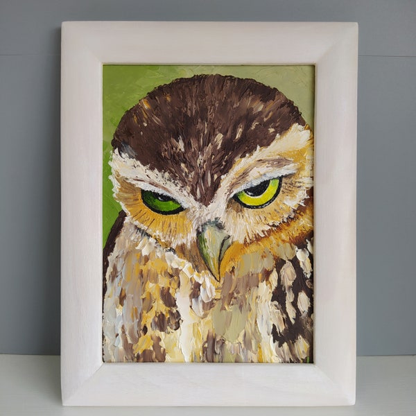 Owl Oil Impasto Painting Original . Ukrainian Original Art. Ukrainian artist.palette knife. painting owl landscape.3D