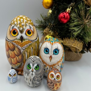 5 pcs / 5 pcs 14 cm/5,5 pouces Poupées gigognes hibou, jouets en bois pour enfants faits main, décoration de chambre, décoration d&#39;intérieur, jouets d&#39;animaux en bois, cadeau pour maman