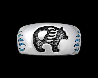 925 Sterling Silver Turquoise Bear Spirit Ring, Detailed Bear Paw Design, Handmade Gemstone Nature Band, Handcrafted Animal Birthstone...