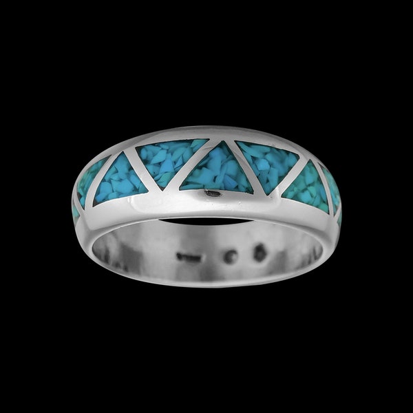 Native American Wedding Band - Turquoise Gemstone Triangles - 925 Sterling Silver
