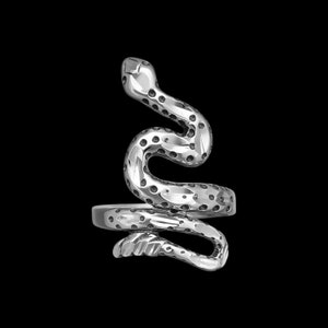 May include: A silver-colored snake ring with a textured surface and a coiled design. The snake's head is raised, and the body wraps around the finger. The ring is set against a black background.