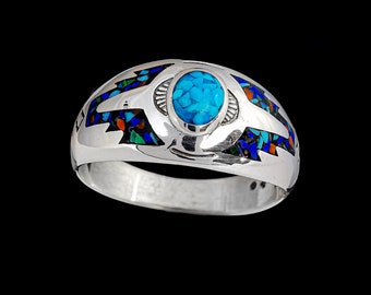 Navajo Handmade Southwest Ring • Turquoise, Lapis Lazuli, Red Coral, Malachite • 925 Sterling Silver • Southwestern Style