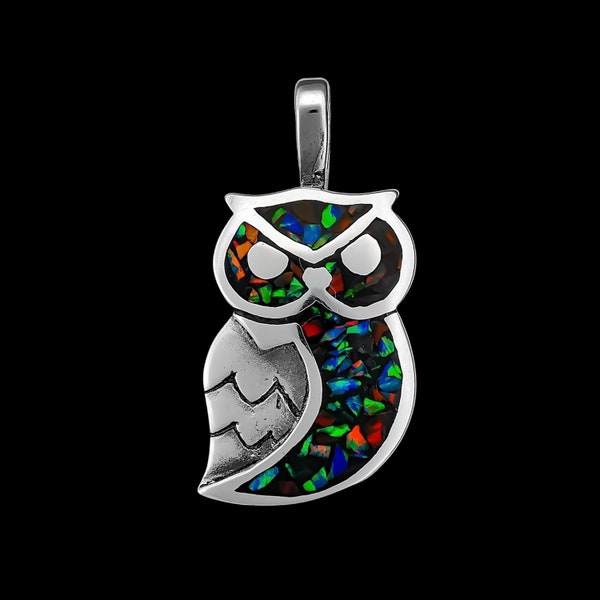 925 Sterling Silver Owl Pendant with Galaxy Opal