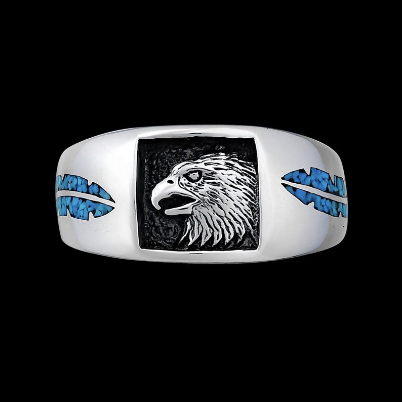 Turquoise Inlay Eagle Spirit Animal Ring • Sterling Silver Eagle With Turquoise Inlaid ...