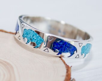 Sterling Silver Buffalo Ring • Turquoise and Lapis Lazuli Inlay • Running Bison Band • Tatanka Ivanbito • Navajo Handmade