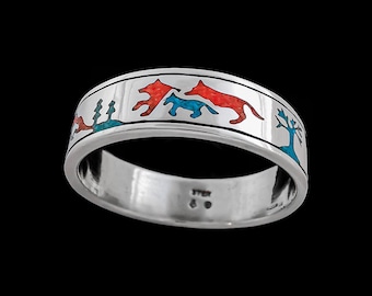 925 Sterling Silver Wolf Ring • Wolves Design • Navajo Inspired • Native American Handmade Jewelry