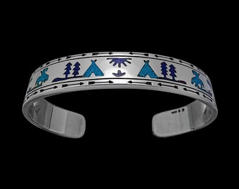 Pulsera estilo brazalete de plata de ley 925 con escena nativa americana de fin de sendero
