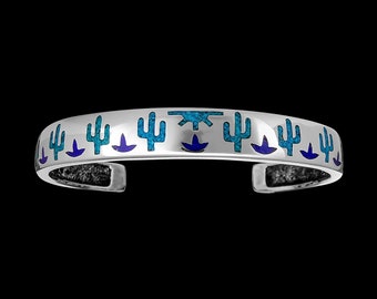 925 sterling silver cuff style bracelet with with Arizona Sun and Saguaro Cactus