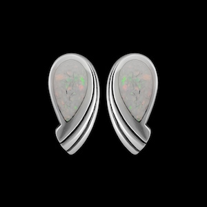925 Sterling Silver Stud Earrings • Teardrop Shape • White Opal Gems