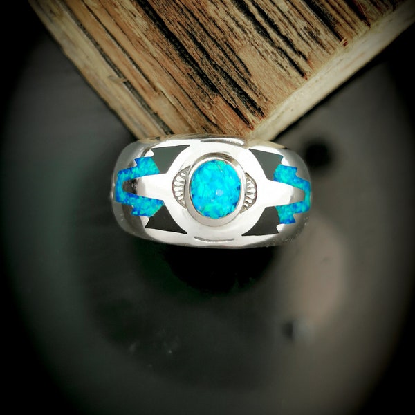Southwest Navajo Handmade Ring • Native American 925 Sterling Silver • Blue Opal with Black Resin