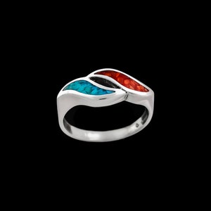 Handmade Navajo Ring with Turquoise and Coral • 925 Sterling Silver • Tribal Design