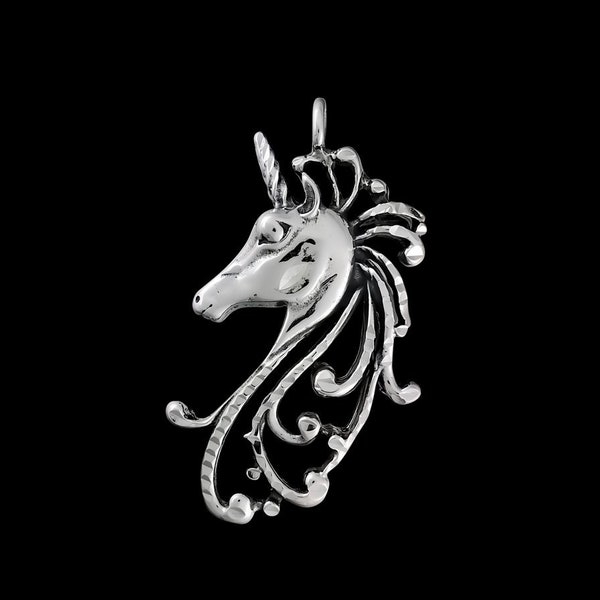 Sterling Silver Detailed Mystical Unicorn Pendant, Diamond Cut