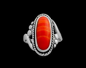 Spiny Oyster Shell Ring • Sterling Silver Band • Vibrant Red Color • Navajo Handmade